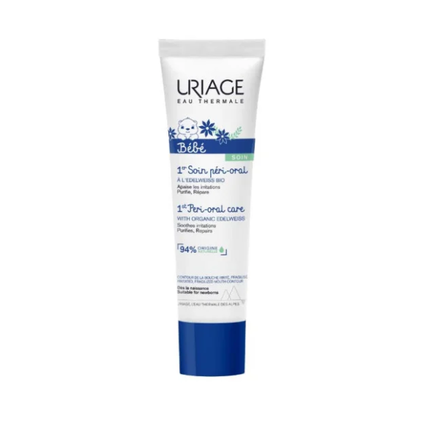 Tube de crème URIAGE BÉBÉ 1ER SOIN PÉRI ORAL à l'Edelweiss bio, packaging blanc et bleu, 30 ml.