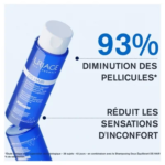 Flacon bleu de 200 ml étiqueté « URIAGE DS HAIR SHAMPOOING TRAITANT ANTIPELLICULE » sur fond clair, avec un texte français indiquant une réduction de 93 % des pellicules.