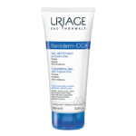 Tube de URIAGE BARIÉDERM CICA Gel Nettoyant 200 ml, avec emballage blanc et bleu, comportant un texte détaillant les attributs du produit.