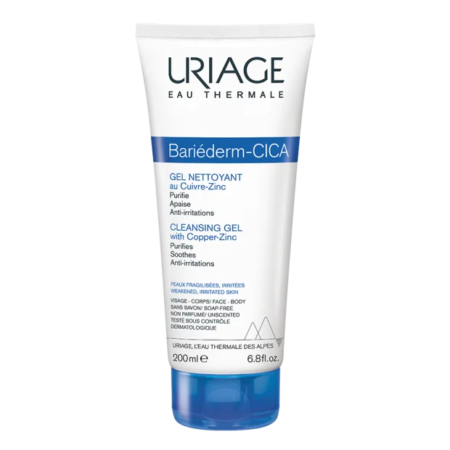 Tube de URIAGE BARIÉDERM CICA Gel Nettoyant 200 ml, avec emballage blanc et bleu, comportant un texte détaillant les attributs du produit.