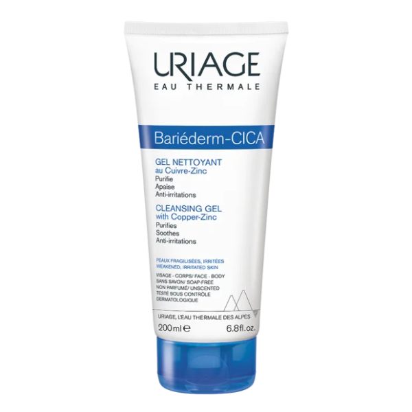 Tube de URIAGE BARIÉDERM CICA Gel Nettoyant 200 ml, avec emballage blanc et bleu, comportant un texte détaillant les attributs du produit.