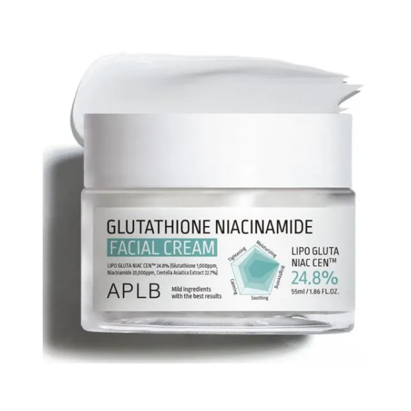 Un pot de APLB Glutathion Niacinamide Crème Visage Unifiant et Anti Age 55 ml mettant en avant ses ingrédients clés et sa concentration de 24,8%.