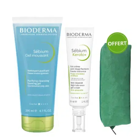 Découvrez le Duo Sébium Gel Moussant et Crème Kerato Anti-Imperfections de Bioderma, élégamment conditionnés dans une pochette verte siglée "Offert". Parfait pour traiter les imperfections cutanées, ce coffret est votre compagnon de soin idéal.