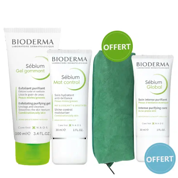 Un Pack Bioderma Soin Matifiant ET Purifiant Sébium Hydratant Mat Control + Gel Gommant comprend trois tubes de soins Bioderma et une pochette verte, favorisant le gel exfoliant, le contrôle des matités et le soin de l'acné.