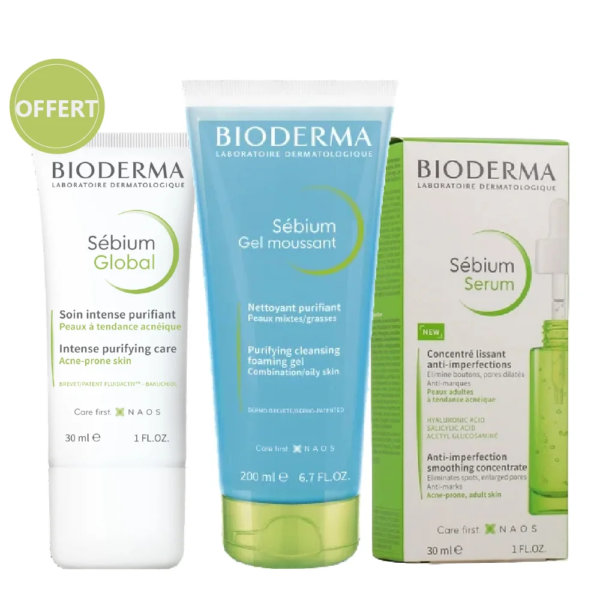 Découvrez trois essentiels de soin Sébium Bioderma : le Sébium Gel Moussant 200 ml, le Sébium Sérum Concentré 30 ml et le Sébium Soin Global 30 ml réunis dans un seul coffret. Ce coffret anti-imperfections complet est conçu pour une peau plus nette et arbore fièrement le label "OFFERT".