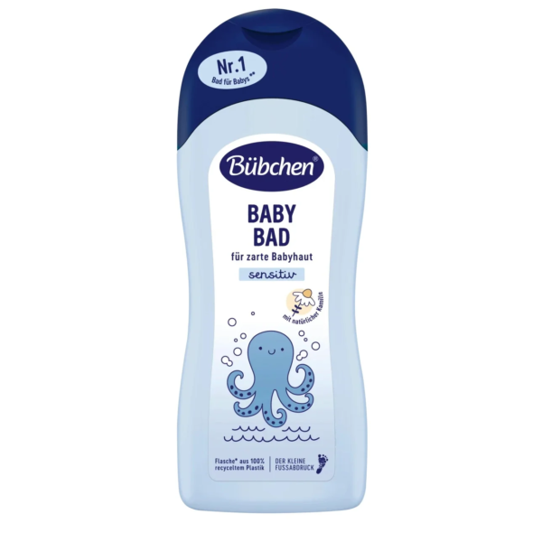 Une bouteille de produit de bain Bübchen Baby Bain Doux à Base de Plantes 1l avec un bouchon à clapet bleu, représentant une jolie illustration de pieuvre.