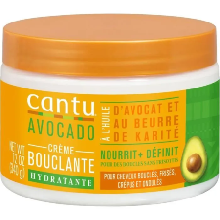 Cantu Crème Bouclante Hydratante à l'Avocat, Pot de 340 g avec couvercle orange, comportant une image d'avocat et un texte d'étiquette en français et en anglais. dakar, Sénégal