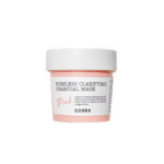 Un petit contenant rose et blanc étiqueté « Cosrx Masque Clarifiant et Purifiant Anti Pores Dilates au Charbon Poreless Rose 110 g » se dresse sur un fond blanc immaculé.