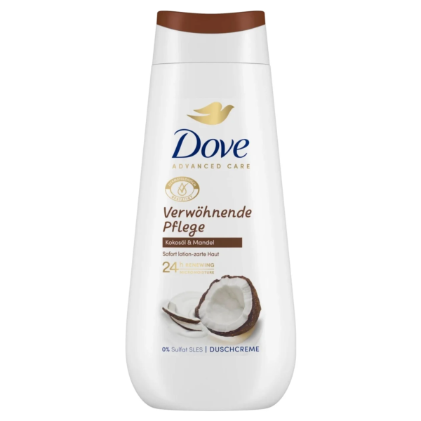 La Crème Douche Advanced Care Soin Cocooning Huile de Noix Coco et Amande de Dove 225 ml, étiquetée en allemand, dégage un délicieux parfum de noix de coco et d'amande. Découvrez la sensation luxueuse du gel douche Dove à chaque utilisation.