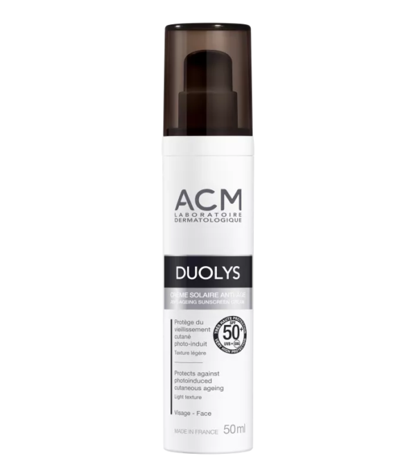 Un flacon de ACM Crème DUOLYS Solaire SPF 50+ 50 ml, comportant en évidence une étiquette « anti-âge » et un texte français, sur fond blanc. dakar, Sénégal