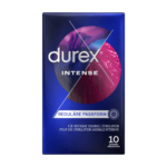 Une boîte de 10 préservatifs Durex Préservatifs Intense Largeur 56 mm, comportant du texte en plusieurs langues et un design avec un fond dégradé bleu et rose. dakar, Sénégal