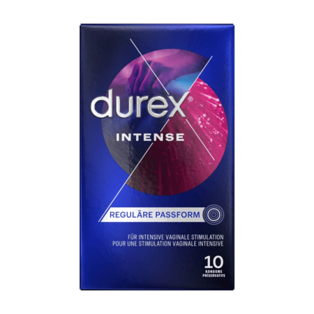 Une boîte de 10 préservatifs Durex Préservatifs Intense Largeur 56 mm, comportant du texte en plusieurs langues et un design avec un fond dégradé bleu et rose. dakar, Sénégal