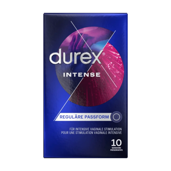 Une boîte de 10 préservatifs Durex Préservatifs Intense Largeur 56 mm, comportant du texte en plusieurs langues et un design avec un fond dégradé bleu et rose. dakar, Sénégal