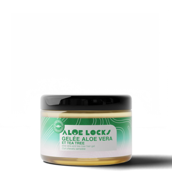 Un pot de 300 ml de gel capillaire Easy Pouss Aloé Locks Gelée Originale Fixante Purifiante, étiqueté « Gelée Aloe Vera et Tea Tree », doté d'une étiquette verte et d'un couvercle noir. dakar, Sénégal