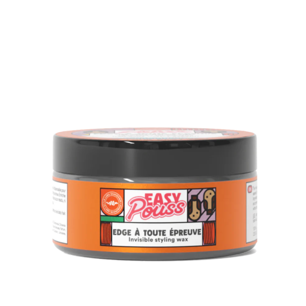 Pot de Cire Coiffante Invisible Easy Pouss Edge 100 ml avec une étiquette orange et un couvercle noir sur fond blanc. dakar, Sénégal