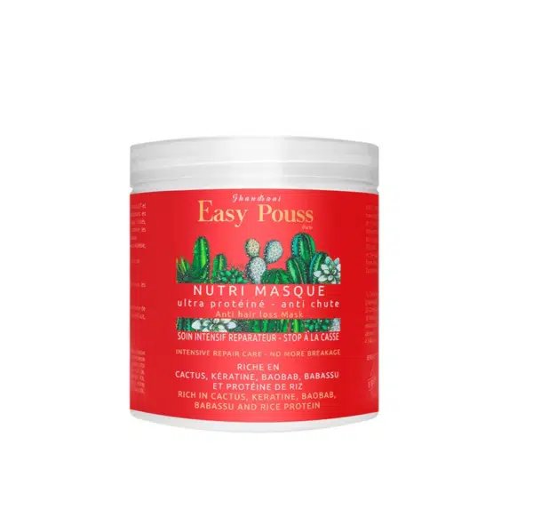 Un contenant blanc de "Easy Pouss Nutri Masque Ultra Proteiné Anti Chute Karité Baobab Proteine de Riz 250 ml" avec une étiquette rouge comportant des cactus et des détails de soins capillaires en français. dakar, Sénégal