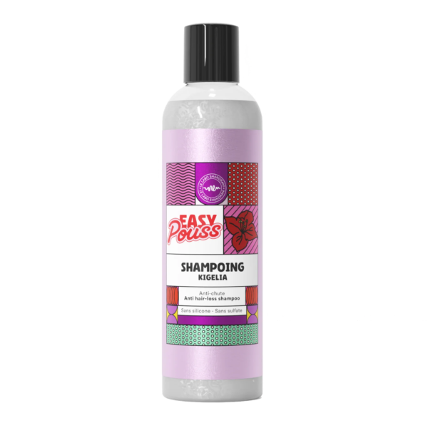 Flacon de Shampoing Vitaminé Easy Pouss 250 ml avec une étiquette rose, un bouchon noir et des descriptions incluant anti-chute et sans silicone. dakar, Sénégal