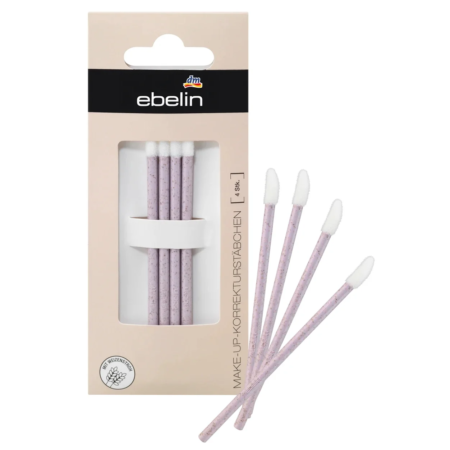 Pack de Ebelin Bâtons Correcteurs de Maquillage Réutilisables 4 pièces avec quatre écouvillons placés à côté de la boîte sur fond blanc.