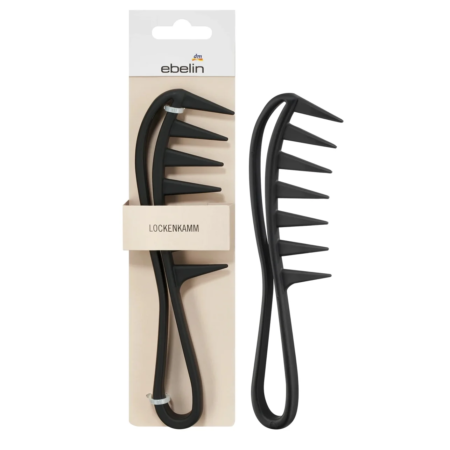 Le peigne à boucles Ebelin Peigne à Boucles 1 Pièce est mis en valeur aussi bien à l'intérieur qu'à l'extérieur de son packaging, mettant en valeur ses six dents larges conçues pour démêler les boucles.