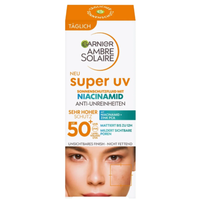 Emballage pour Garnier Fluide Solaire Spf50 Anti Imperfections Super UV 40 ml crème solaire visage avec niacinamide et formule anti-imperfections. dakar, Sénégal