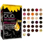 Coffret de coloration pour cheveux Garnier Olia, comprenant un nuancier de 24 nuances différentes allant du blond au brun foncé. Idéal pour celles qui recherchent une coloration capillaire de haute qualité.