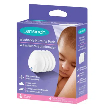 Coffret de Coussinets d'Allaitement Lavables Lansinoh 4 pièces, comprenant un couchage pour bébé et des détails de produit ultra absorbants et ultra doux. Ces coussinets d'allaitement assurent un confort maximal aux mères qui allaitent.