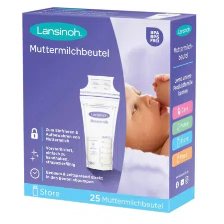 Une boîte de Sachets de Conservation de Lait Maternel Lansinoh contenant 25 sachets, avec un bébé et des informations sur le produit en allemand sur l'emballage.