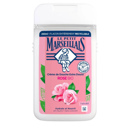 Le Petit Marseillais Douche Crème Hydratante à la Rose Provence 250 ml se présente dans un flacon rose recyclable, joliment orné d'illustrations de roses.