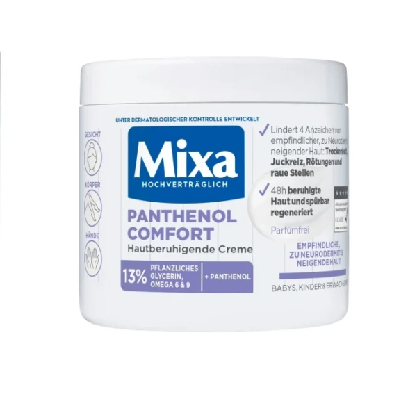 Pot de crème apaisante pour la peau Mixa Crème de soin Panthénol Comfort 400 ml en emballage blanc et bleu, convient aux bébés, enfants et adultes.