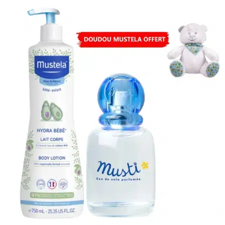 Le Kit Mustela Soins Bain et Hydratation pour Bébé (Copie) comprend une lotion pour bébé Mustela, une eau de Cologne Musti et un ours en peluche blanc avec « doudou mustela offert » écrit sur une étiquette rouge. dakar, Sénégal