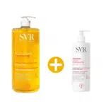 Un flacon de SVR Duo Produits Anti Irritation : Douceur et Apaisement Crème et Huile Lavante et un flacon de SVR Topialyse Crème Émolliente avec un signe plus entre eux, mettant en valeur le duo ultime SVR pour les soins anti-irritations. dakar, Sénégal