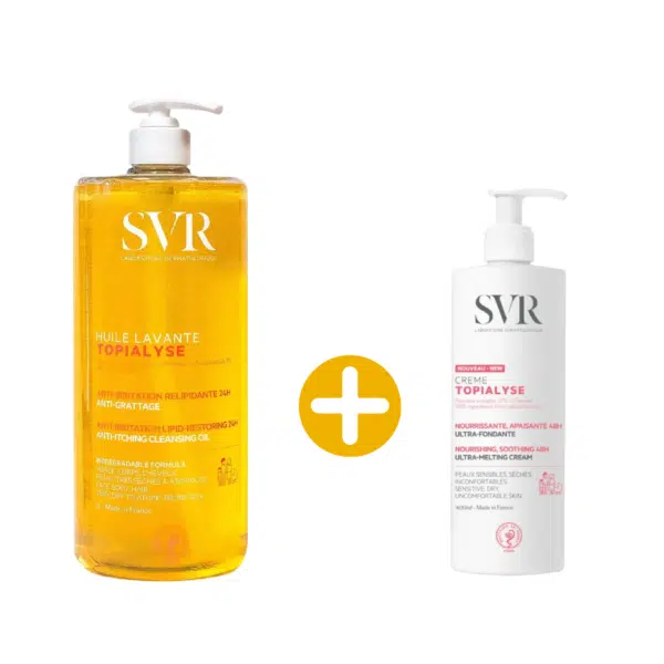 Un flacon de SVR Duo Produits Anti Irritation : Douceur et Apaisement Crème et Huile Lavante et un flacon de SVR Topialyse Crème Émolliente avec un signe plus entre eux, mettant en valeur le duo ultime SVR pour les soins anti-irritations. dakar, Sénégal