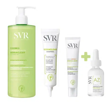 SVR Sébium Gamme Solution Anti-Imperfections comprenant un flacon vert, accompagné de trois produits de soin blancs SVR : un tube de crème nettoyante, le Gel Cicapeel en petit flacon et un flacon flash Ampoule Anti-Imperfections. dakar, Sénégal