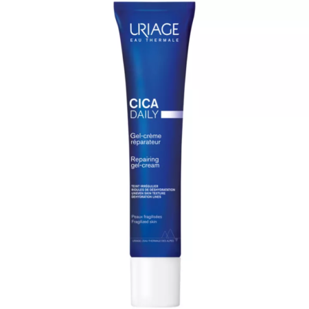 Tube bleu de Uriage CICA DAILY Gel Crème Réparateur Visage Peaux Fragilisées, format 40 ml.