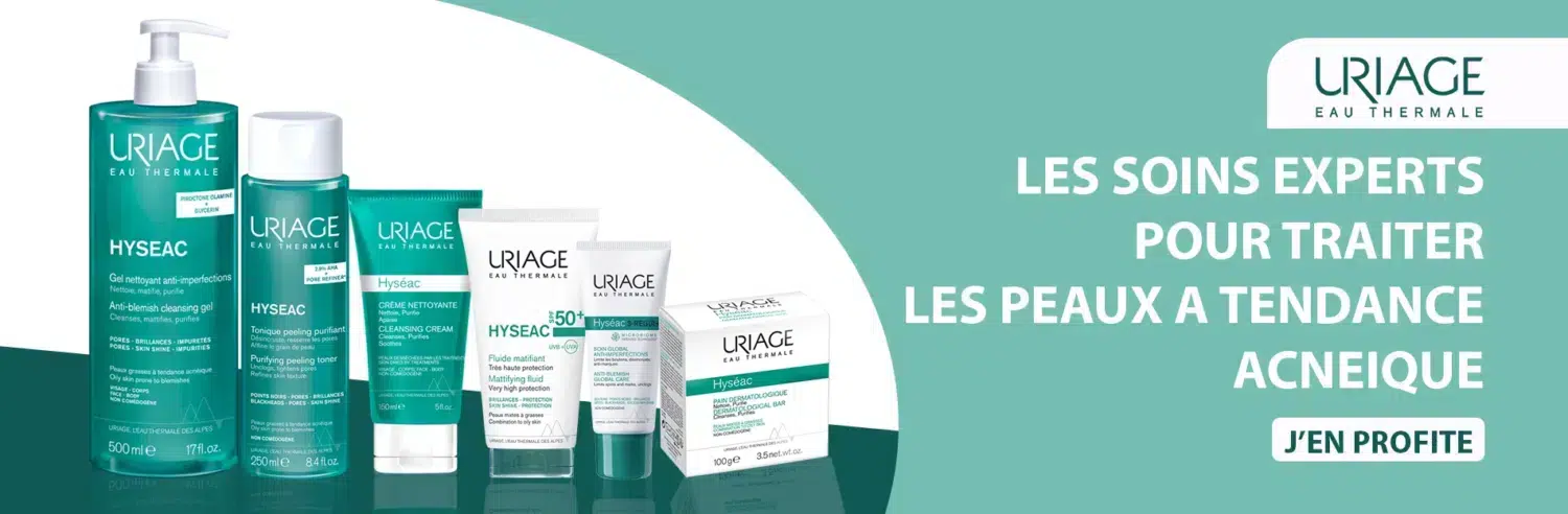 Les différents produits de soin Uriage pour peaux à tendance acnéique sont présentés sur un fond blanc et bleu sarcelle avec un texte français, proposé par Univers Cosmetix. dakar, Sénégal