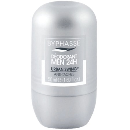 Déodorant roll-on cylindrique argenté étiqueté « BYPHASSE Déodorant Homme 24h Urban Swing », inspiré des rues animées de Dakar, d'un volume de 50 ml (1,69 fl. oz.) et d'une protection anti-taches. Dakar