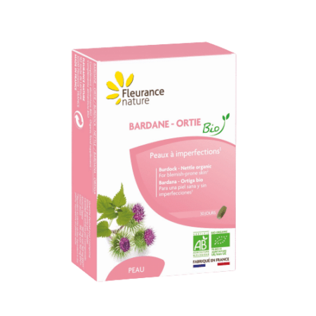 Coffret de complément alimentaire Fleurance Nature Bardane - Pensée sauvage - Ortie Bio, contenant 30 comprimés pour peaux à imperfections, disponible à Dakar, Sénégal. L'emballage présente des images de bardane et d'ortie en rose et blanc, avec des certifications vérifiant son statut biologique et son origine française. Dakar