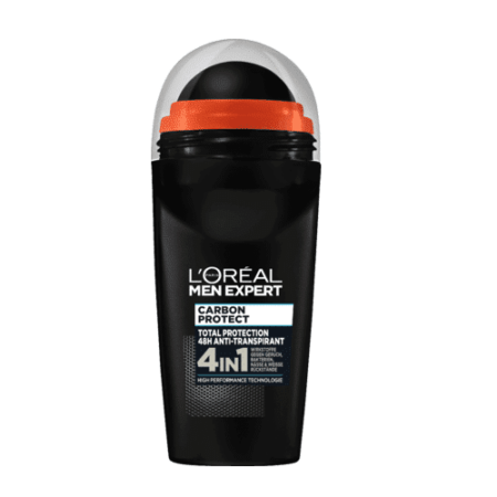 Un déodorant Roll-on Carbon Protect de L’Oréal Men Expert noir avec une touche d’orange. L’étiquette met l’accent sur la protection « 4 en 1 » et « 48h Anti-Transpirant » avec une technologie haute performance, ce qui en fait le choix ultime du Déodorant Homme Anti-Tranpirant de L’OREAL. Dakar