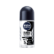 Voici une image du déodorant roll-on anti-transpirant NIVEA MEN Black & White Invisible 50 ml. L'emballage présente un flacon blanc associé à un bouchon et une étiquette noirs, mettant en valeur le nom du produit et ses avantages tels qu'une protection de 48 heures, une technologie anti-taches et une compatibilité cutanée. Dakar