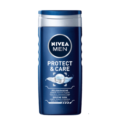 Le gel douche Protect & Care 250 ml de NIVEA MEN est présenté dans un flacon bleu avec un bouchon argenté et comporte un texte soulignant son utilisation pour les soins du corps, du visage et des cheveux. L'étiquette affiche une image d'éclaboussure d'eau et met l'accent sur l'aloe vera pour un soin intensif. Dakar