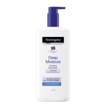 Le Lait de Corps Deep Moisture Sensitive SANS PARFUM 250ML de Neutrogena, doté d'une pompe violette, est idéal pour le climat humide de Dakar. L'emballage est majoritairement blanc avec un texte bleu et noir, et l'étiquette met en valeur sa formule sans parfum, ce qui le rend adapté aux peaux sensibles tout en offrant une hydratation intense. Dakar