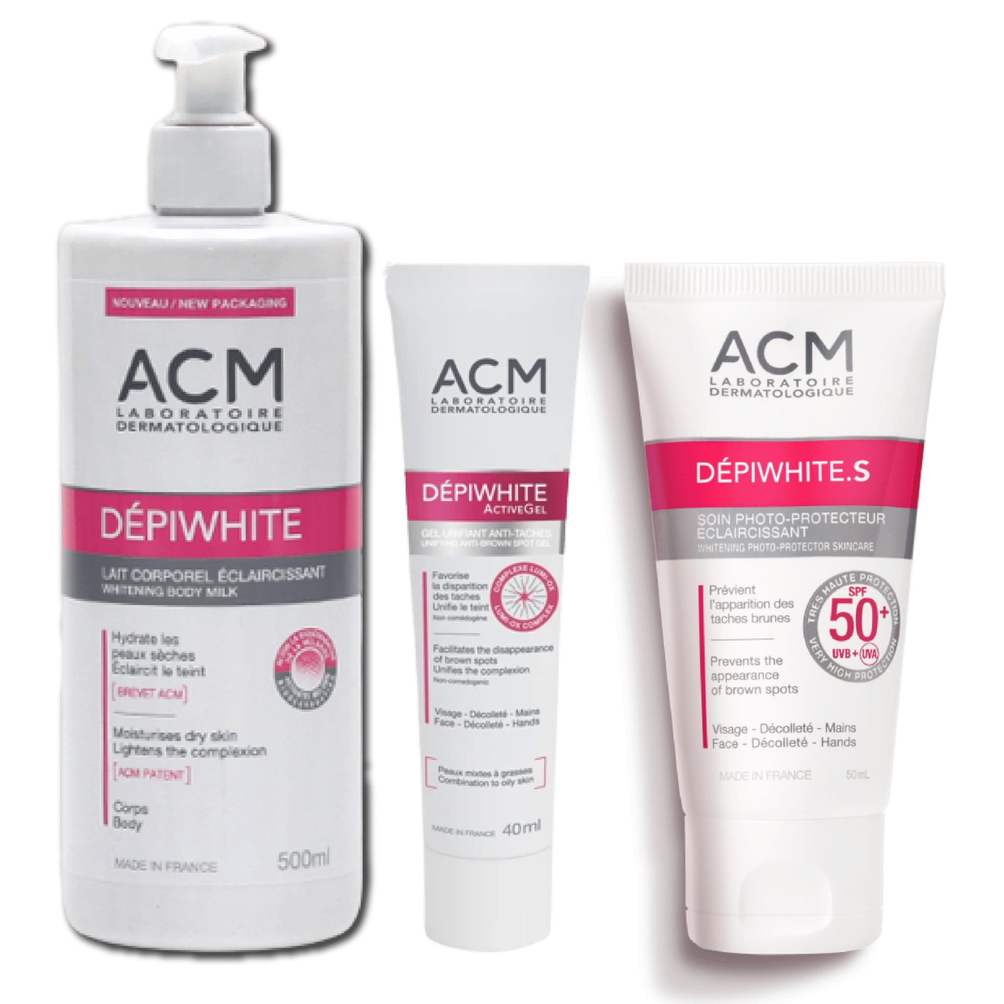 Découvrez trois produits de soins de la peau haut de gamme de la gamme Acm Laboratoire Routine Éclat du Teint - Anti Tache - Unifiant Corps Et Visage Peau Mixte à Grasse d'ACM Laboratoire Dermatologique - lotion pour le corps