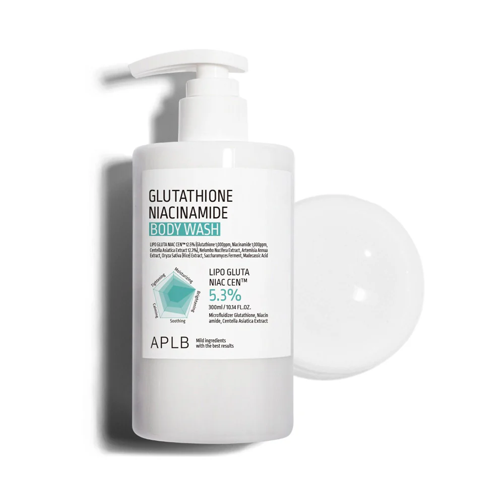 Un flacon blanc de APLB Glutathione Niacinamide Gel Douche Éclaircissant 300 ml