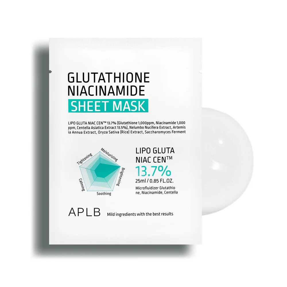 Paquet blanc de APLB Glutathione Niacinamide Masques en Feuille 25 ml x 10 pièces avec les détails du produit et un graphique de ses avantages.