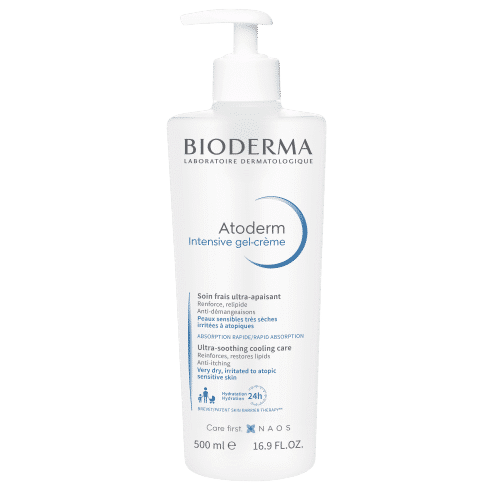 Un flacon blanc de Bioderma Atoderm Intensive Gel Crème Soin Ultra Hydratant 500 ml avec un distributeur à pompe