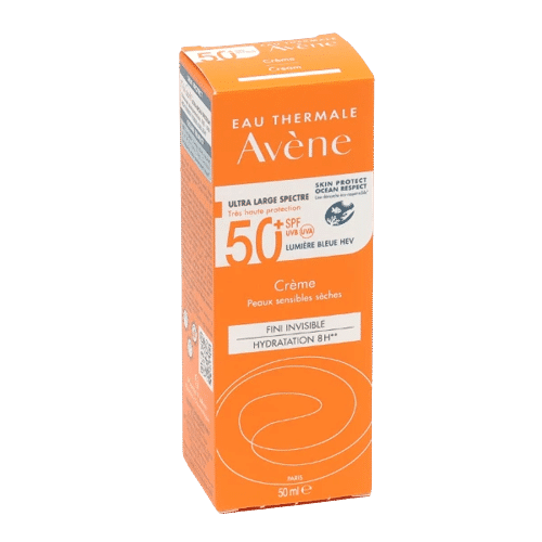 Coffret orange et blanc d'Avène Crème Spf50+ Avec Parfum Visage Peaux Sensibles et Sèches 50 ml