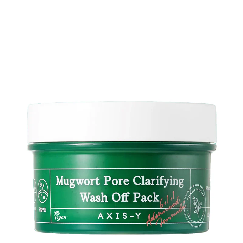 Un contenant vert étiqueté « Mugwort Pore Clarifying Wash Off Pack » d'AXIS-Y