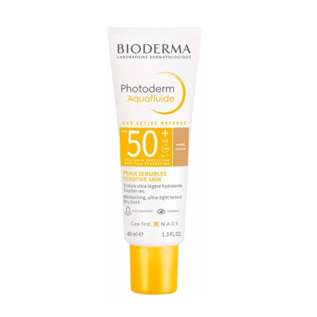 Tube de Bioderma Photoderm Aquafluide Sun Active Defense SPF50+ Dorée 40 ml de crème solaire pour peaux sensibles