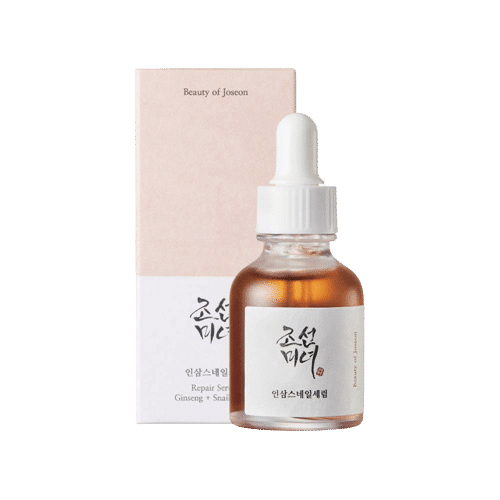 Flacon compte-gouttes de Beauty Of Joseon Sérum Revive Ginseng + Mucine d'Escargot 30 ml devant sa boîte sur fond blanc