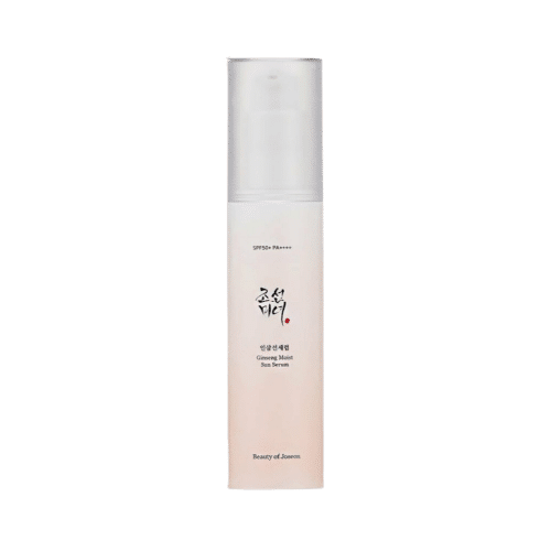 Un flacon de Beauté de Joseon Sérum Solaire Hydratant au Ginseng Spf50+ 50 ml avec un bouchon blanc et un texte coréen sur l'étiquette